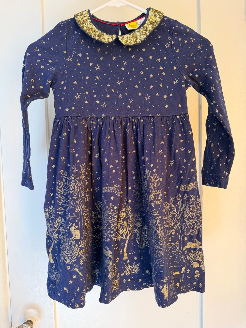 Mini Boden Navy Dress | Gold Woodland Animal Print Gold Sequin Peter Pan Collar